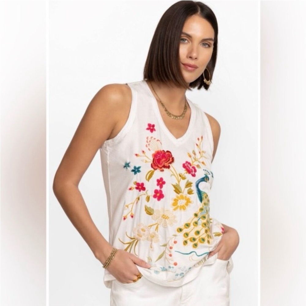 Johnny Was White Tank Top with Multicolor Floral & Peacock Embroidery